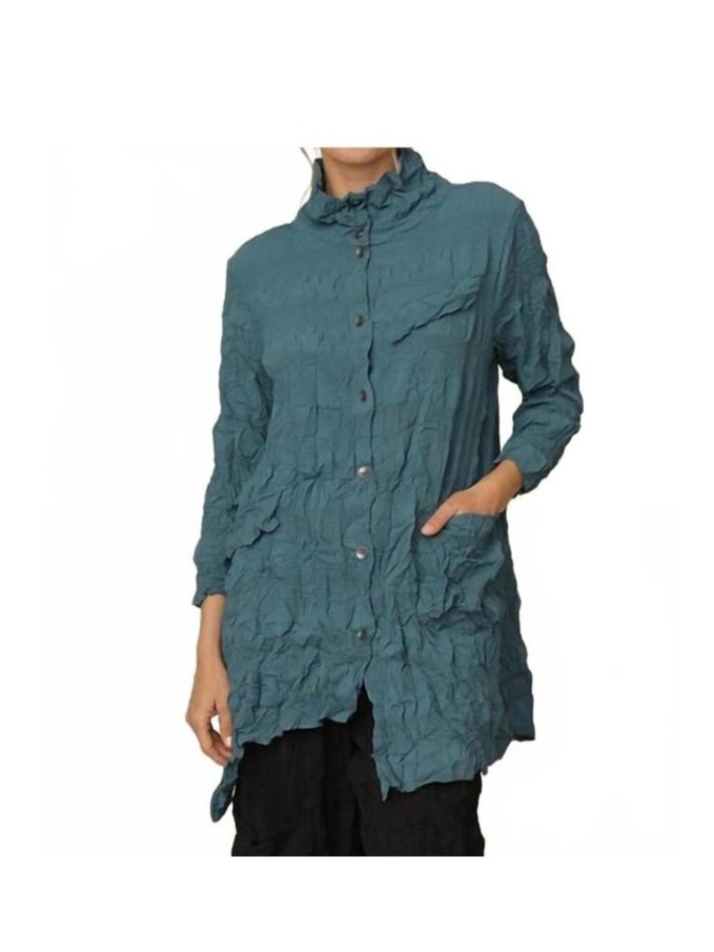 Chalet et Ceci Tunic Shirt Women's Large Blue Crinkle Asymmetric Hem 3/4 Sleeve